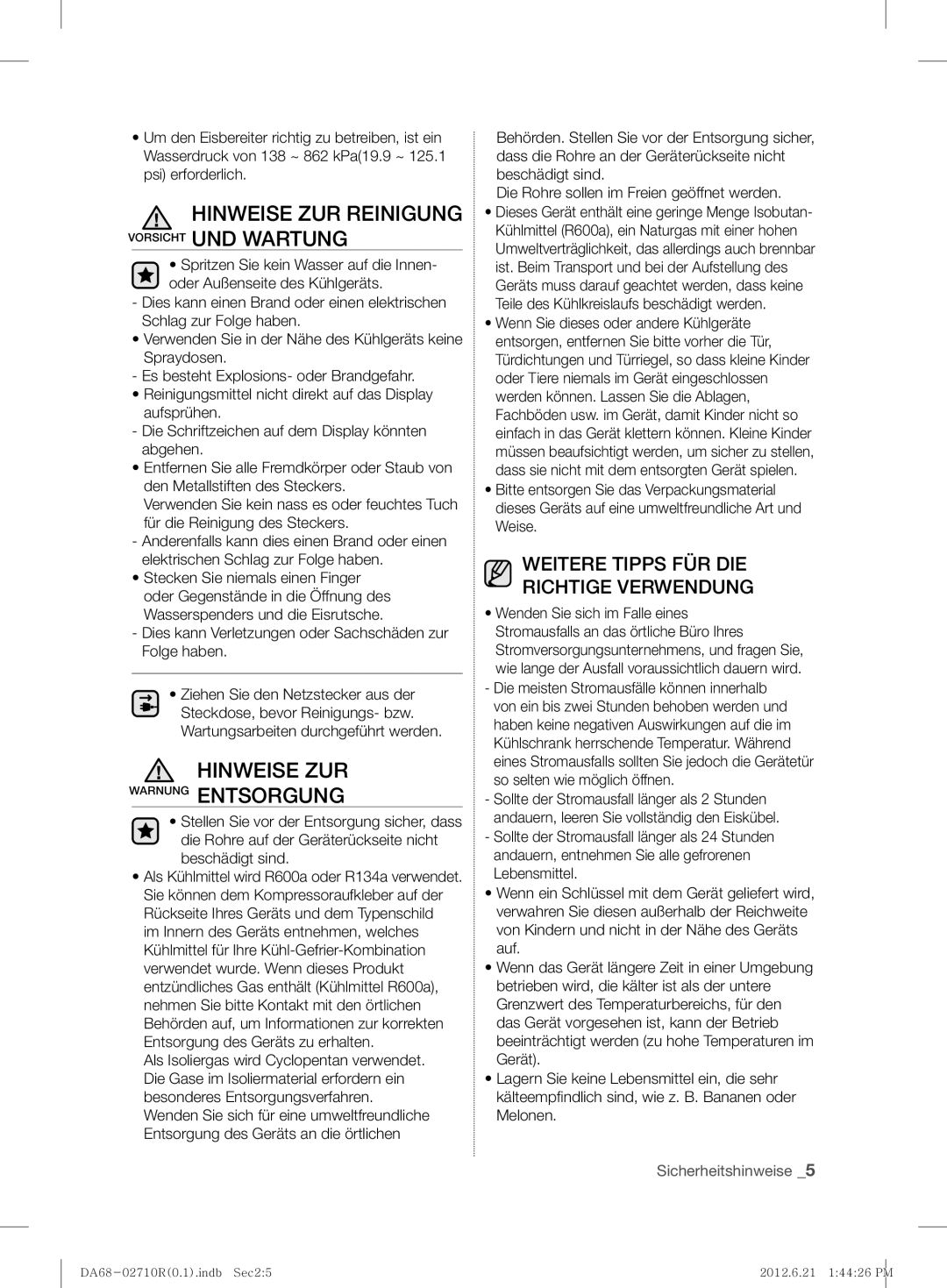 Samsung RS7* user manual Hinweise ZUR Reinigung Vorsicht UND Wartung, Hinweise ZUR Warnung Entsorgung 