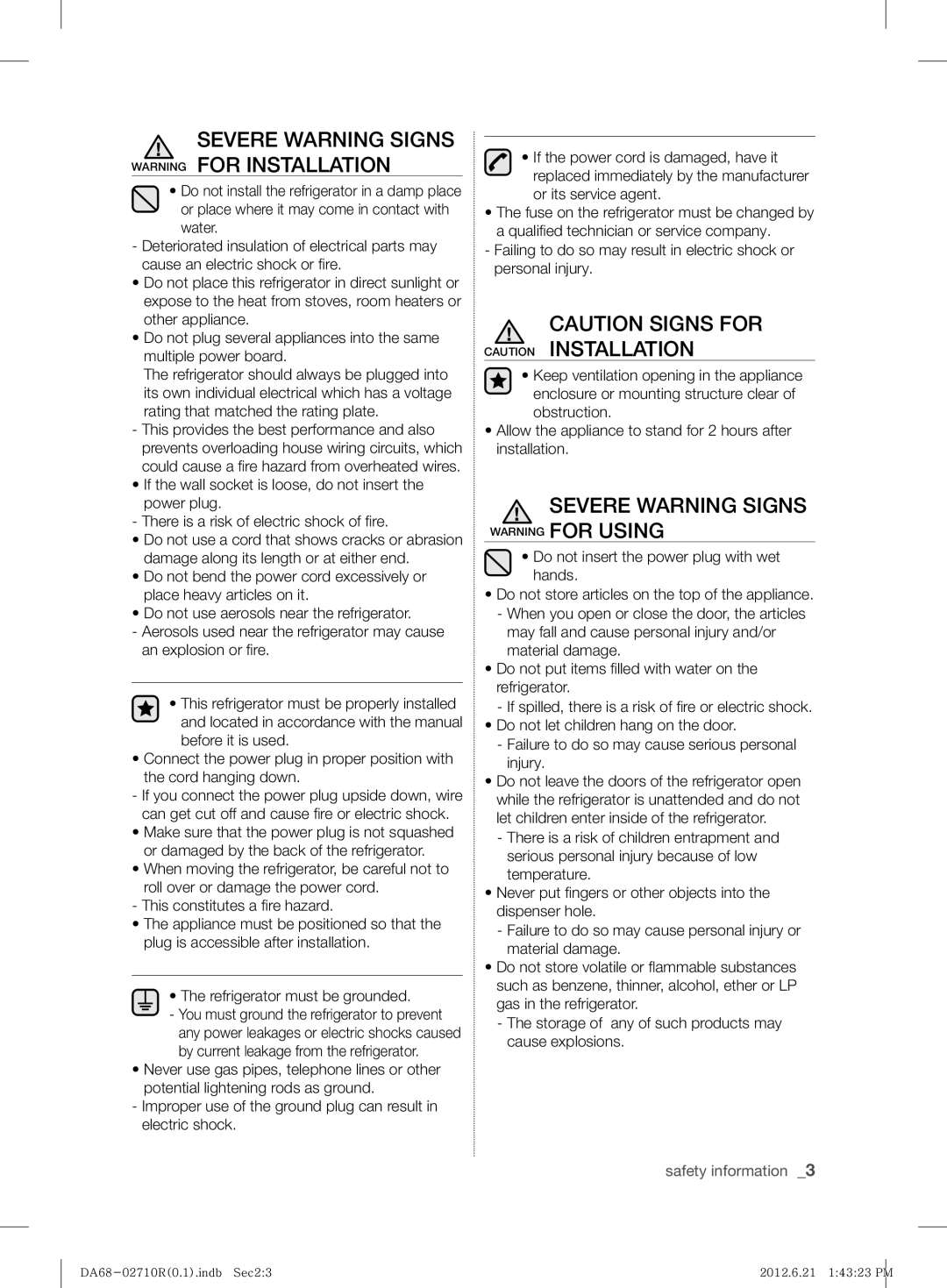 Samsung RS7* user manual Severe Warning Signs Warning for Installation, Severe Warning Signs Warning for Using 