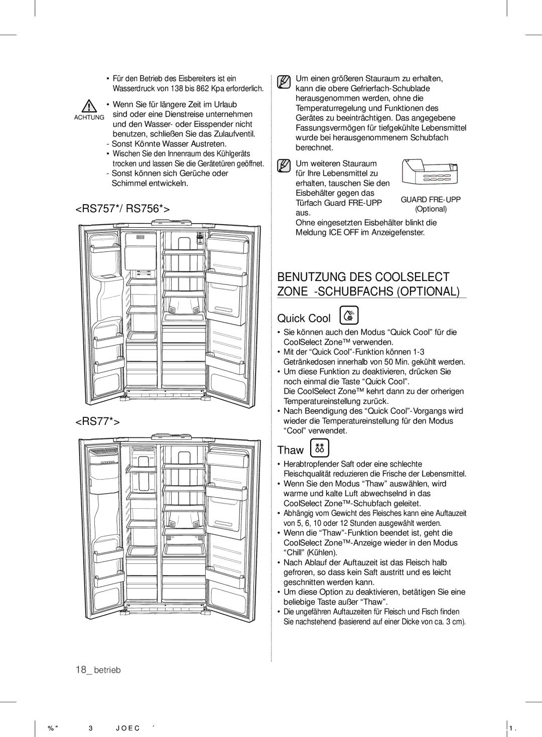 Samsung RS7* user manual Benutzung DES Coolselect, Zone -SCHUBFACHS Optional 