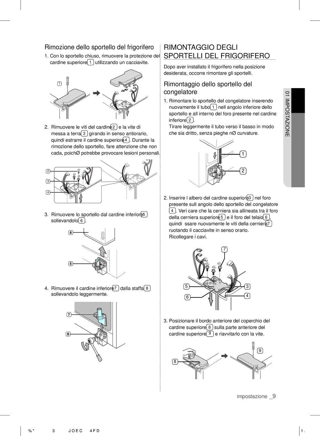 Samsung RS7* user manual Rimontaggio Degli Sportelli DEL Frigorifero, Rimozione dello sportello del frigorifero 