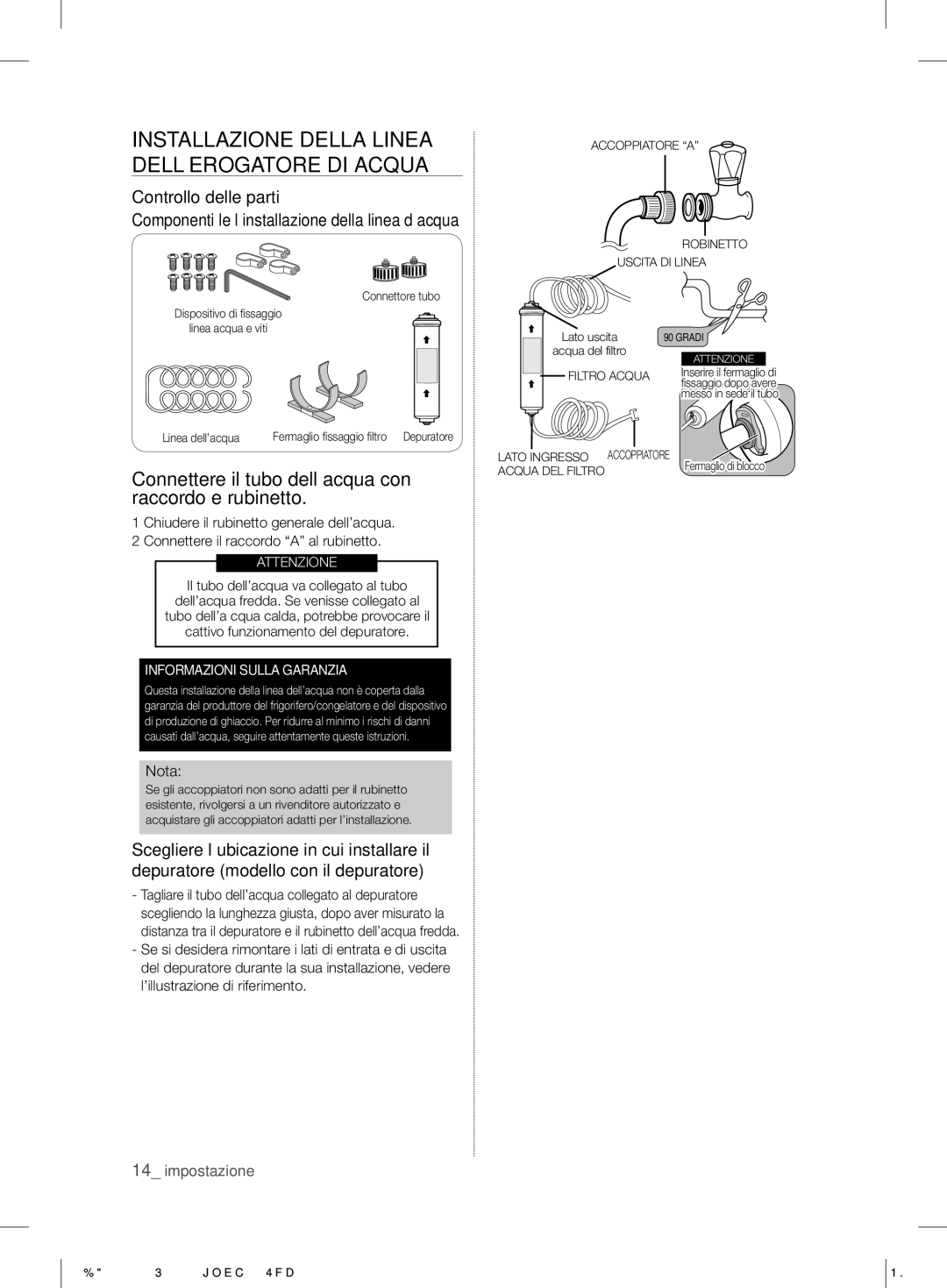 Samsung RS7* user manual Connettere il tubo dell’acqua con raccordo e rubinetto, Controllo delle parti 