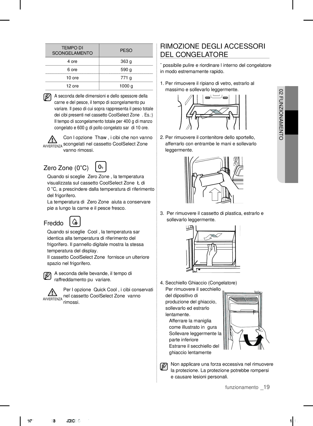 Samsung RS7* Rimozione Degli Accessori DEL Congelatore, Zero Zone 0ºC, Freddo, Sollevare leggermente la parte inferiore 