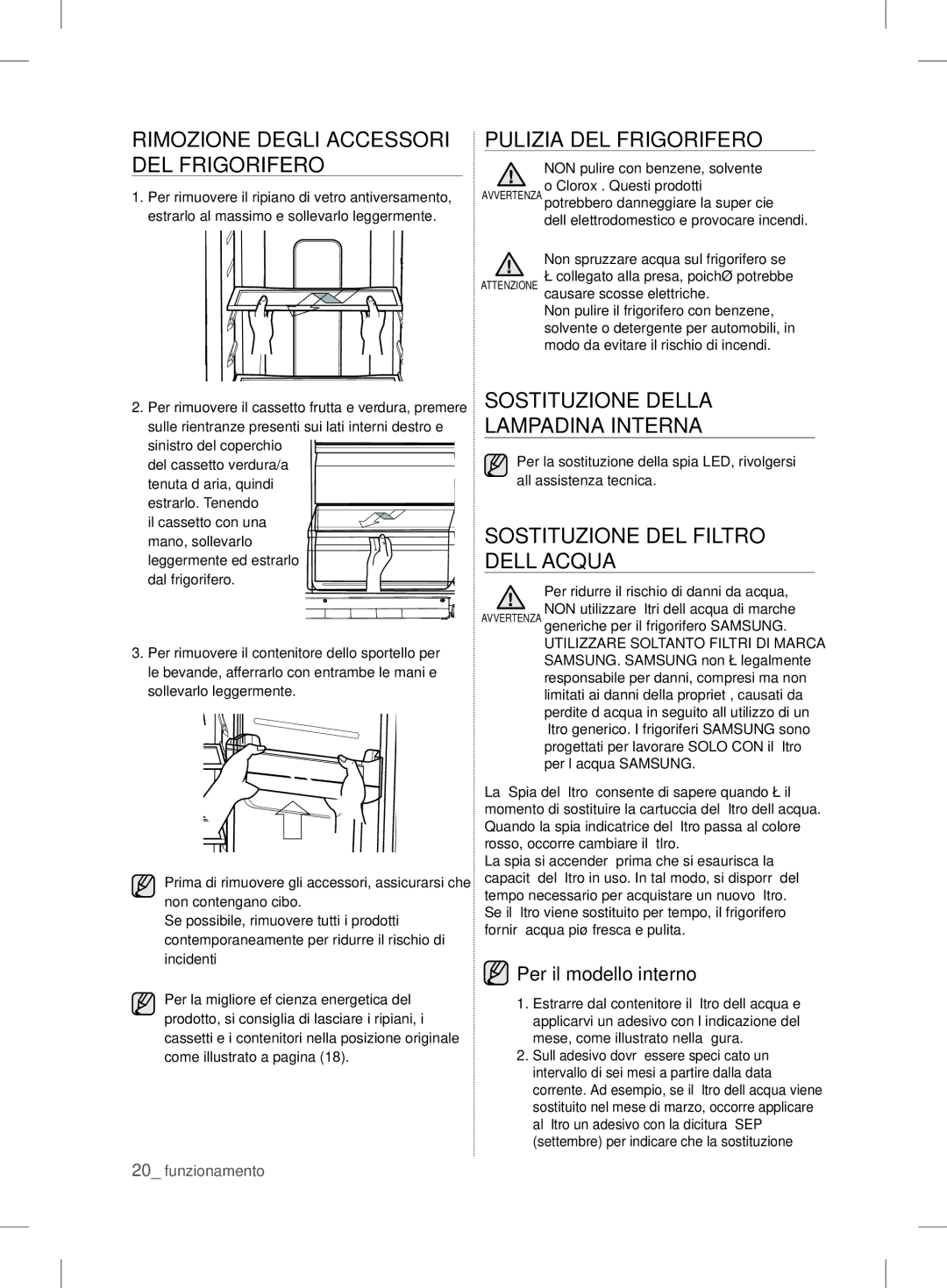 Samsung RS7* Rimozione Degli Accessori DEL Frigorifero, Pulizia DEL Frigorifero, Sostituzione Della Lampadina Interna 