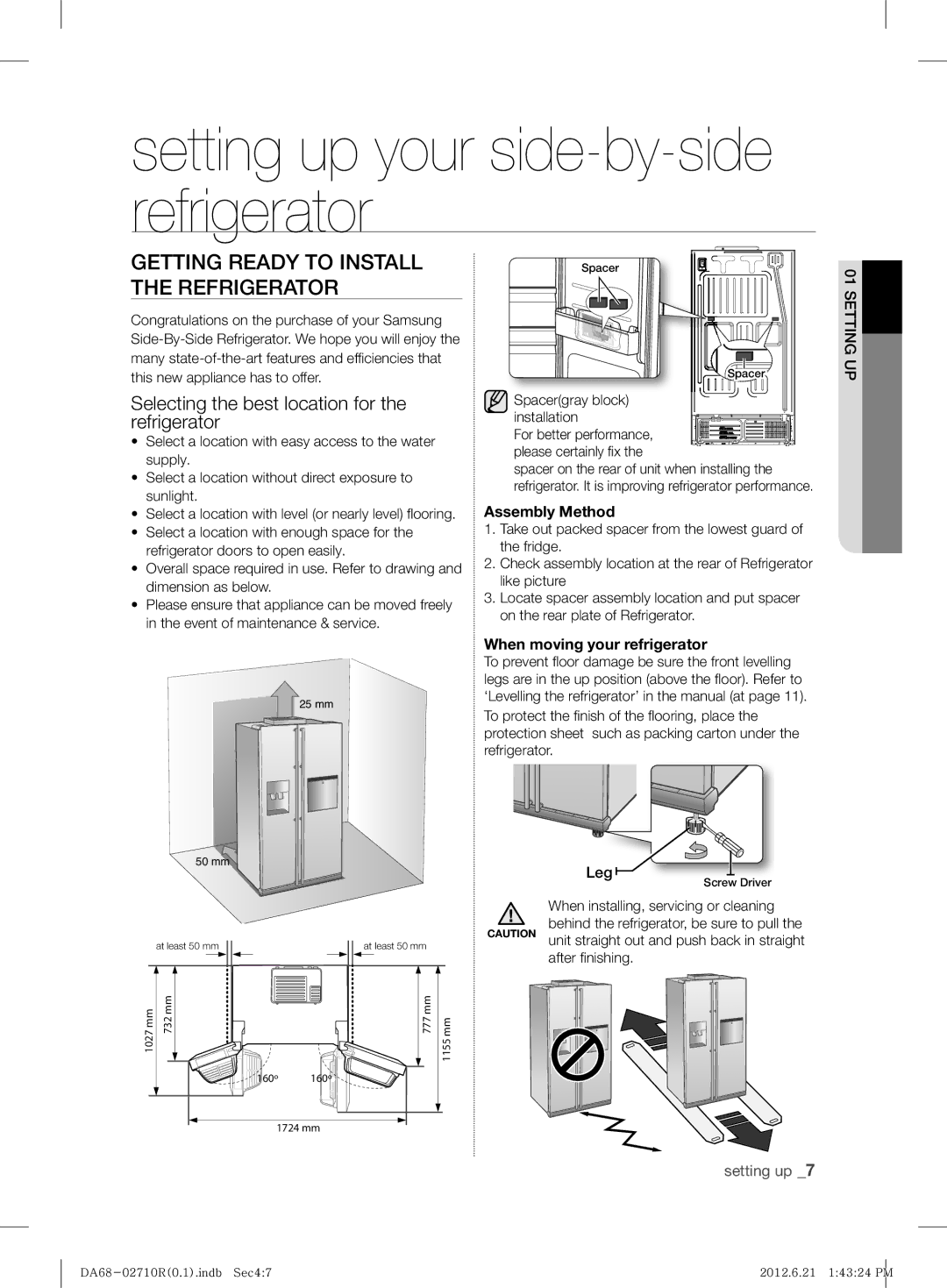 Samsung RS7* Getting Ready to Install the Refrigerator, Selecting the best location for the refrigerator, Setting UP 