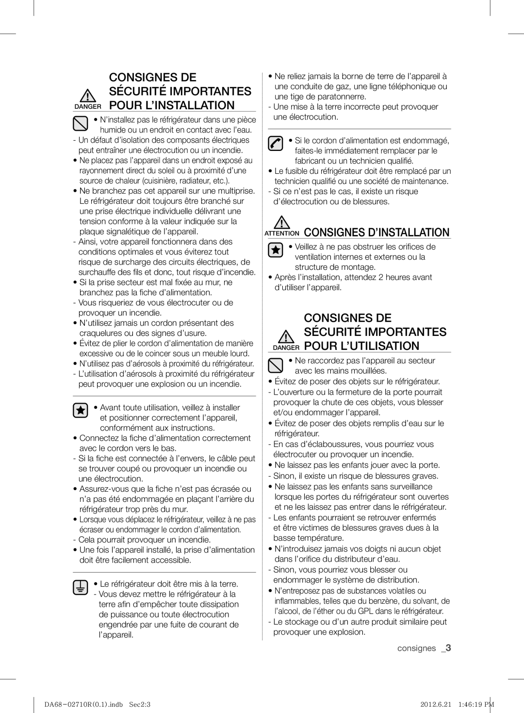 Samsung RS7* user manual Consignes DE Sécurité Importantes, Une électrocution 