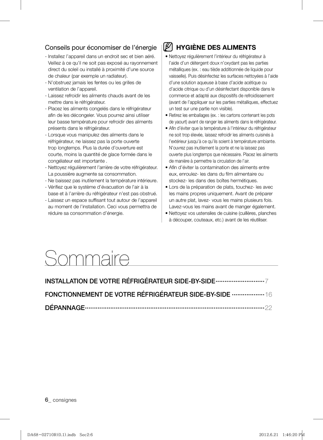 Samsung RS7* user manual Sommaire, Conseils pour économiser de l’énergie, Lavez-vous les mains avant de manger également 