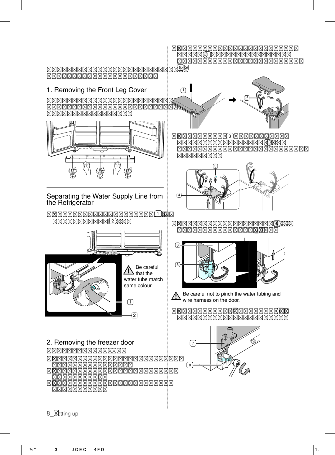 Samsung RS7* user manual Removing the Refrigerator Doors, Removing the Front Leg Cover, Removing the freezer door 