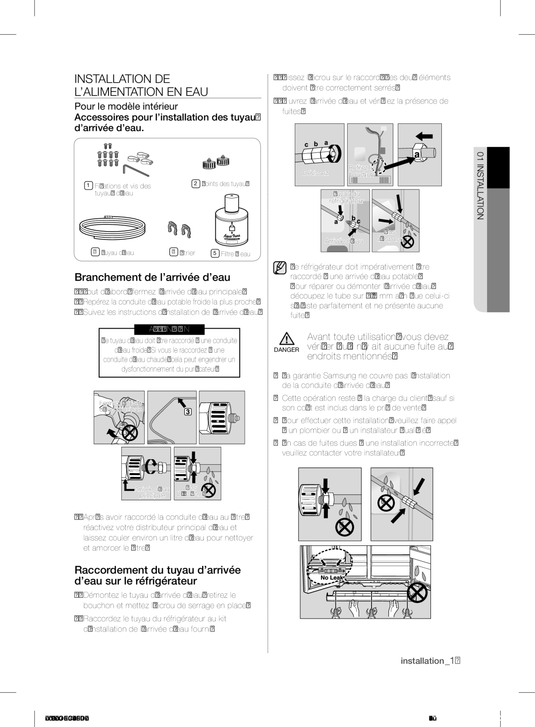 Samsung RS7* Installation DE L’ALIMENTATION EN EAU, Branchement de l’arrivée d’eau, Avant toute utilisation, vous devez 