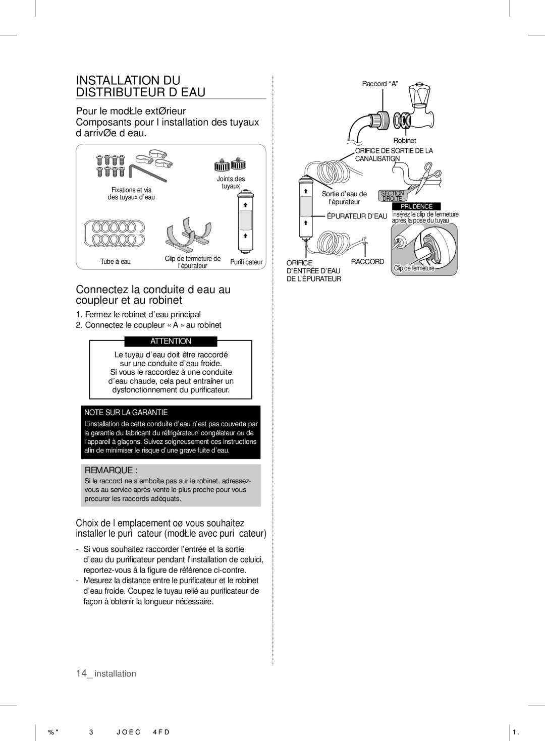 Samsung RS7* Installation DU Distributeur D’EAU, Connectez la conduite d’eau au coupleur et au robinet, Remarque 