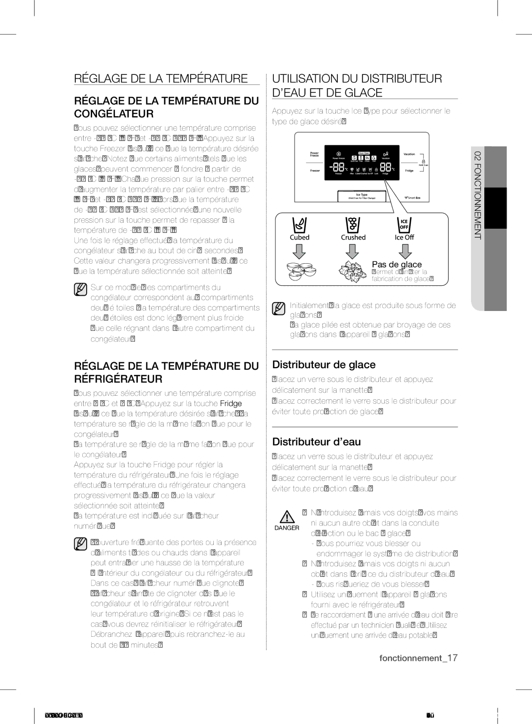 Samsung RS7* user manual Réglage DE LA Température, Utilisation DU Distributeur D’EAU ET DE Glace 