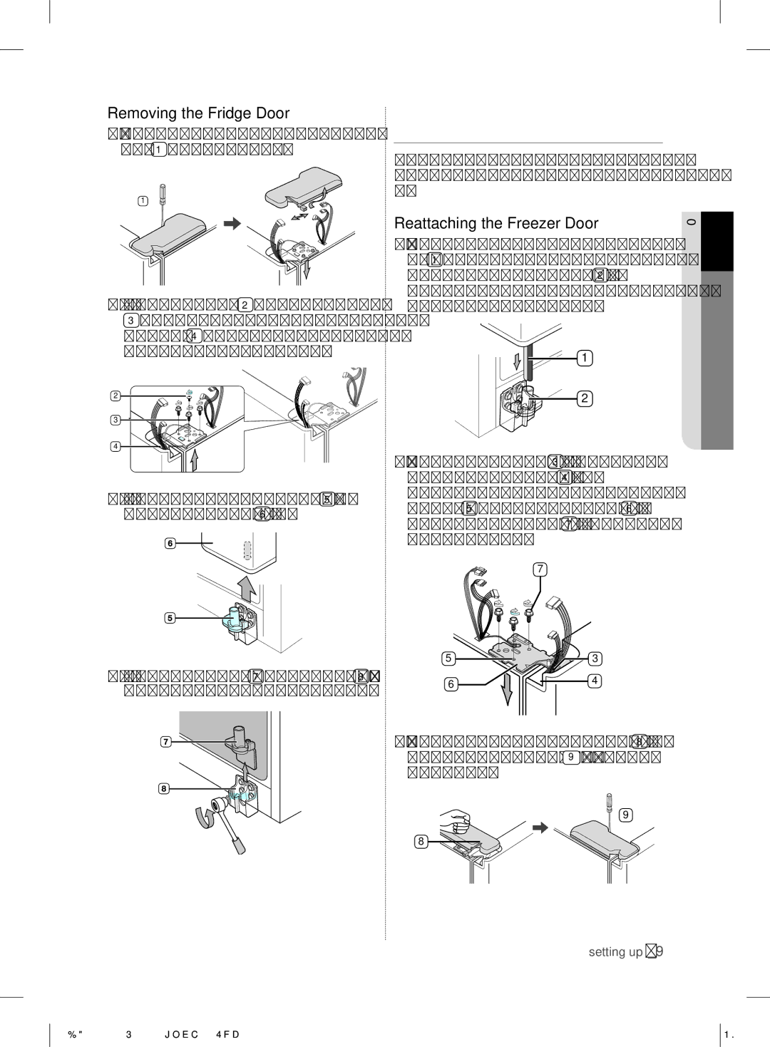 Samsung RS7* user manual Reattaching Refrigerator Doors, Removing the Fridge Door, Reattaching the Freezer Door 