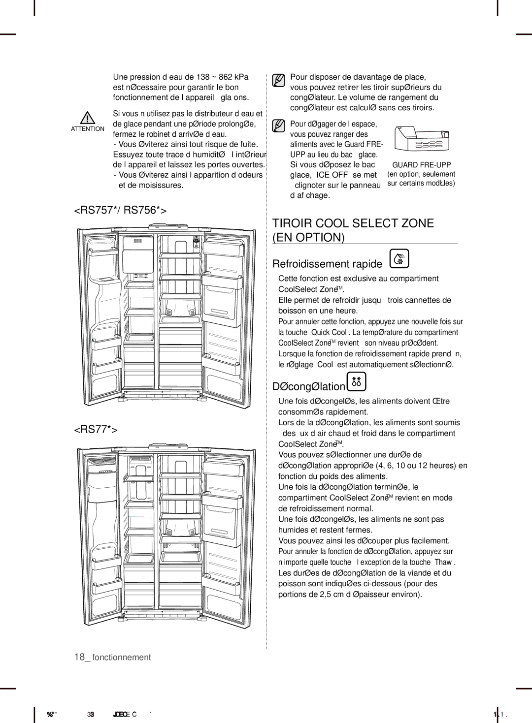 Samsung RS7* user manual Tiroir Cool Select Zone EN Option, Refroidissement rapide, Décongélation 