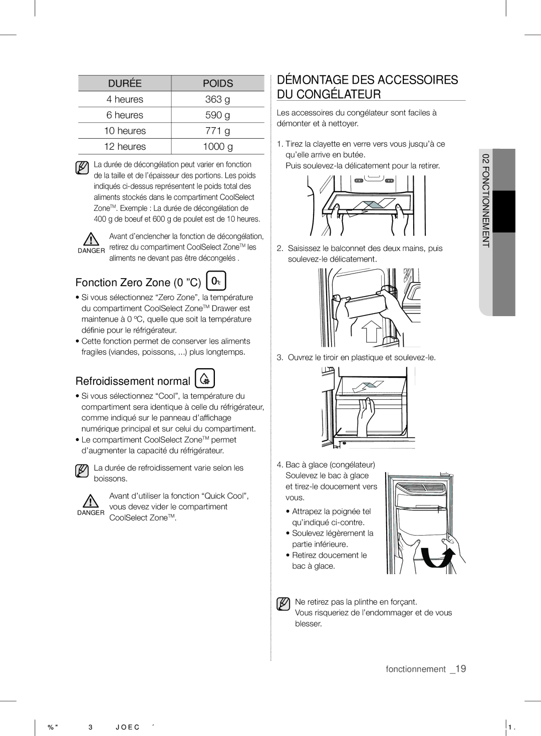 Samsung RS7* Démontage DES Accessoires DU Congélateur, Fonction Zero Zone 0 ºC, Refroidissement normal, Fonctionnement 