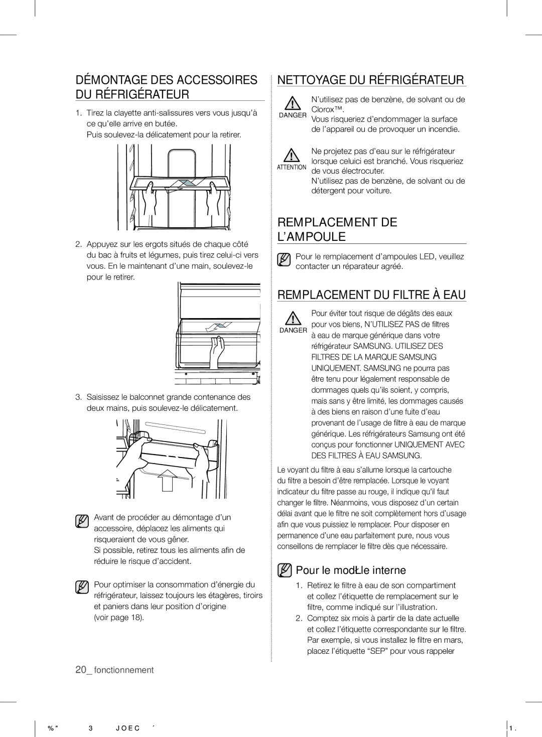 Samsung RS7* Nettoyage DU Réfrigérateur, Remplacement DE ’AMPOULE, Remplacement DU Filtre À EAU, Pour le modèle interne 