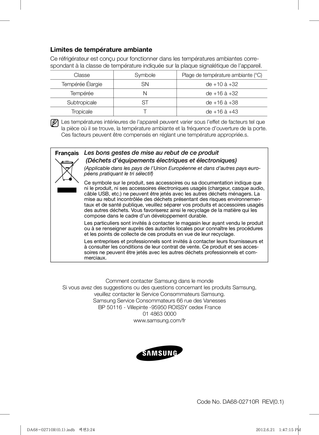 Samsung RS7* user manual Code No. DA68-02710R REV0.1, De +16 à +43 