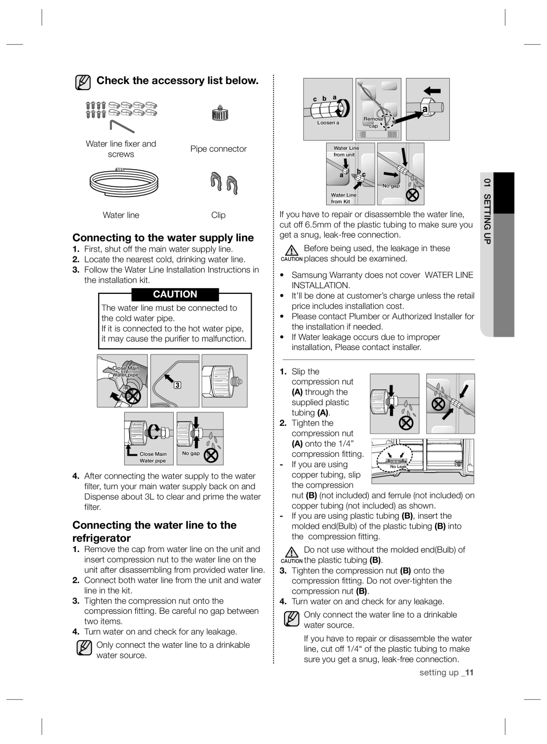 Samsung RS727CQRASL/SG, RS727CQRBSL/ZA, RS727CQRASL/ZA Check the accessory list below, Connecting to the water supply line 