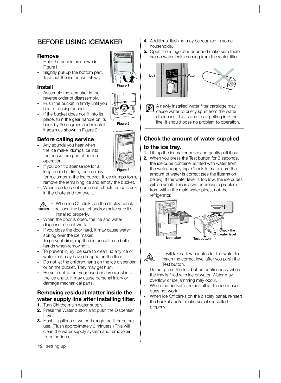 Samsung RS727CQRBSL/ZA manual Before Using Icemaker, Remove, Install, Check the amount of water supplied To the ice tray 