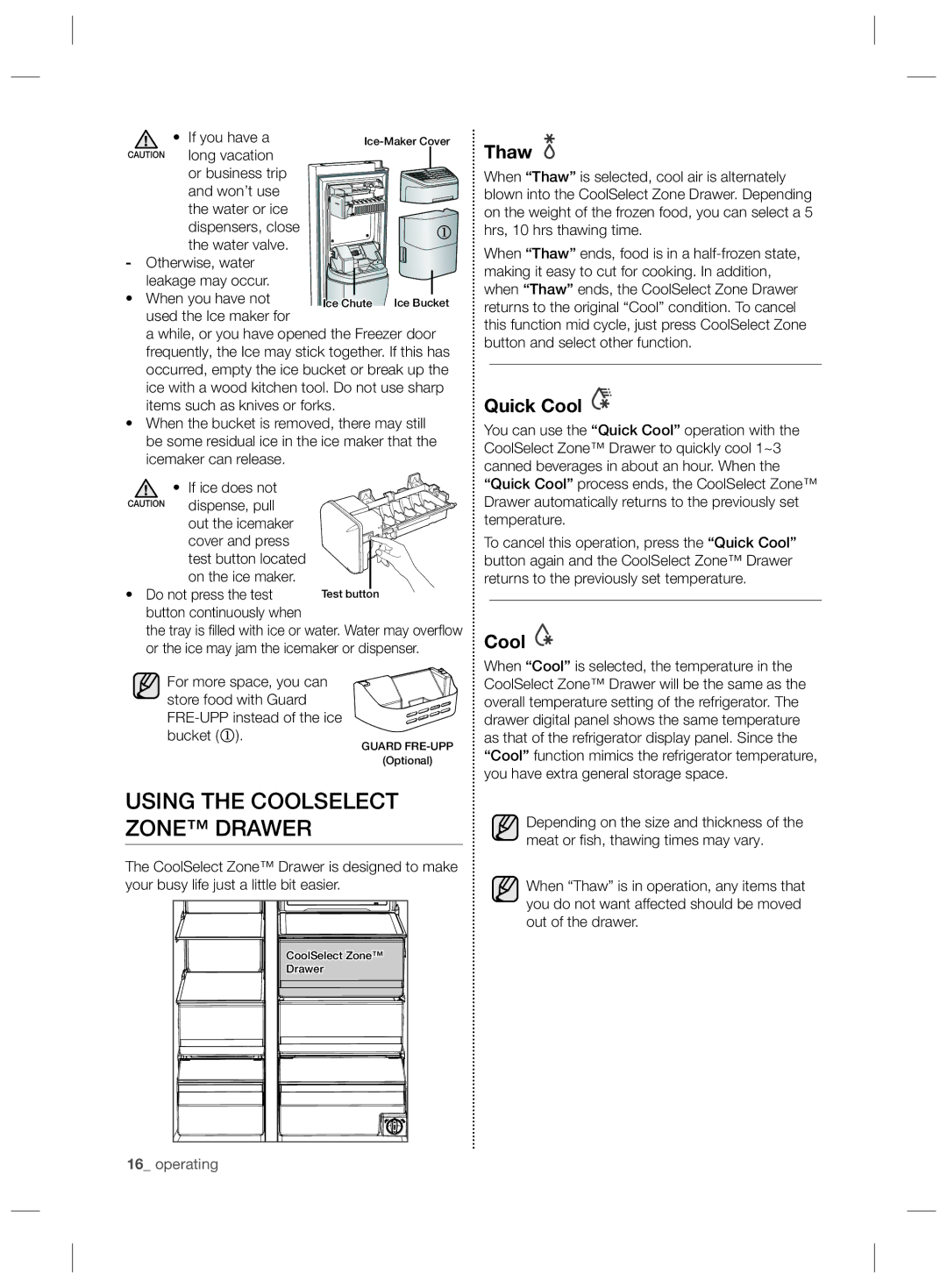 Samsung RS727CQRASL/ZA, RS727CQRBSL/ZA, RS727CQRASL/SG manual Using the Coolselect Zone Drawer, Thaw, Quick Cool 