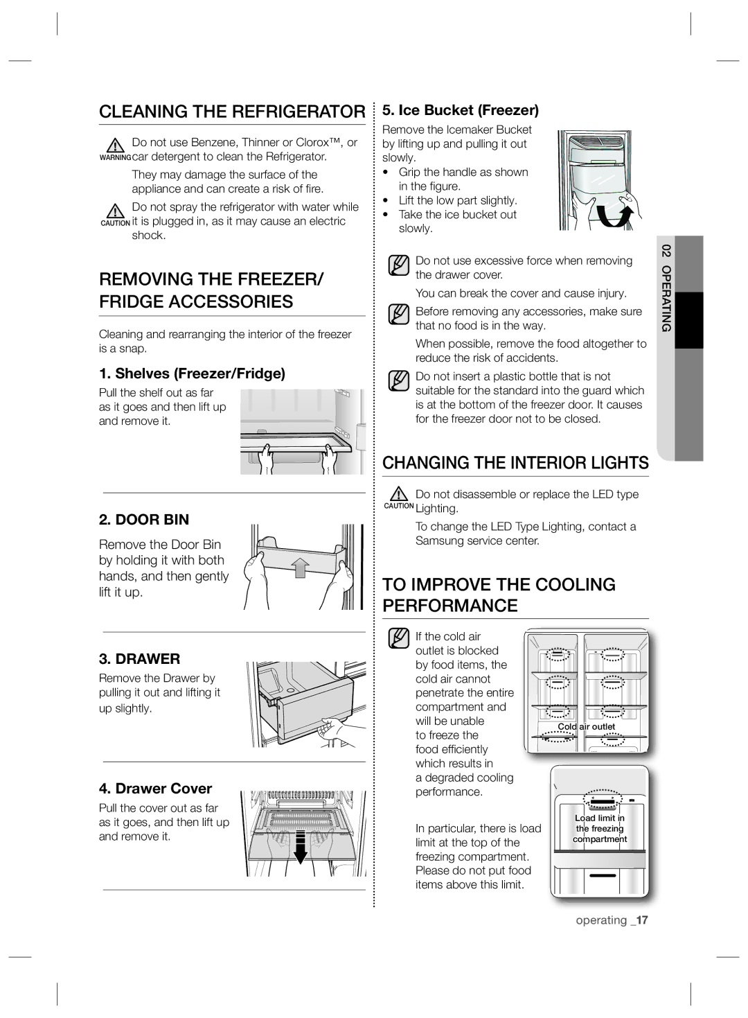 Samsung RS727CQRASL/SG Cleaning the Refrigerator, Removing the FREEZER/ Fridge Accessories, Changing the Interior Lights 