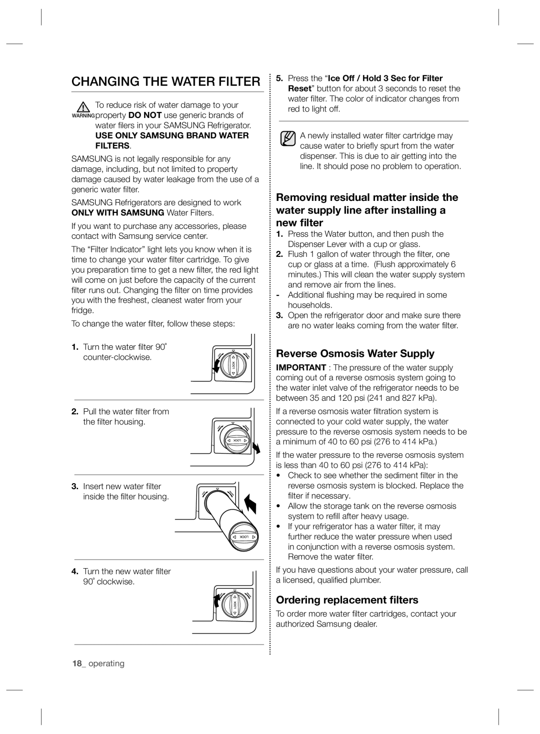 Samsung RS727CQRBSL/ZA manual Changing the Water Filter, Reverse Osmosis Water Supply, Ordering replacement ﬁlters 