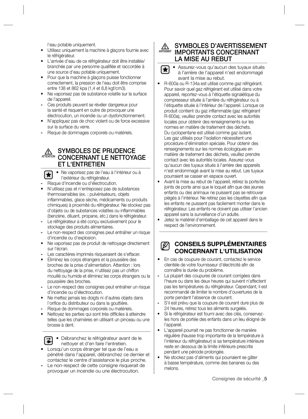 Samsung RS727CQRASL/ZA, RS727CQRBSL/ZA, RS727CQRASL/SG manual Risque dincendie ou délectrocution, Dincendie ou délectrocution 