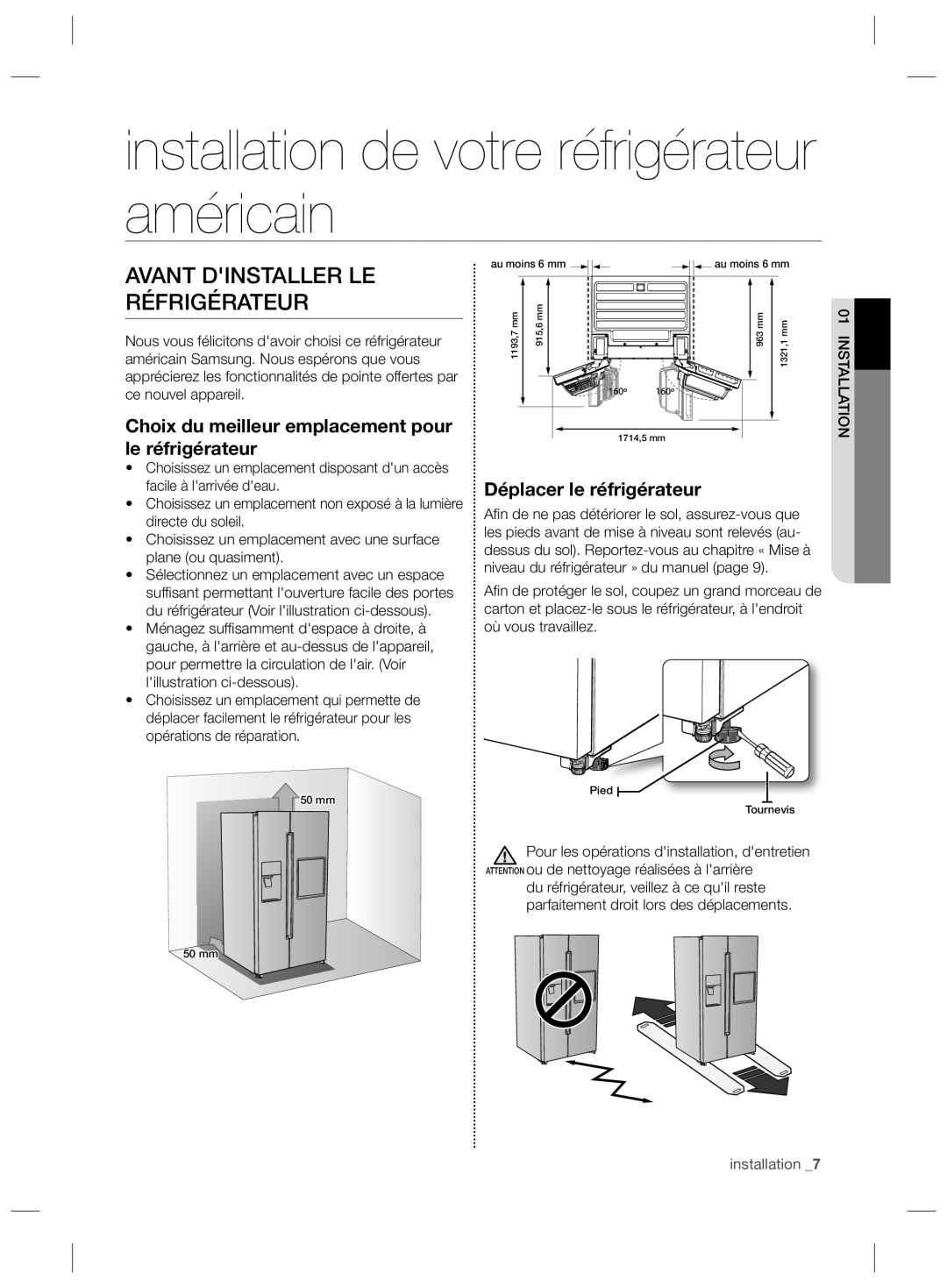 Samsung RS727CQRBSL/ZA, RS727CQRASL/ZA Installation de votre réfrigérateur américain, Avant Dinstaller LE Réfrigérateur 