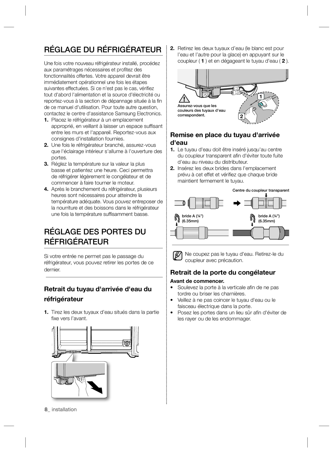 Samsung RS727CQRASL/ZA Réglage DU Réfrigérateur, Réglage DES Portes DU Réfrigérateur, Retrait de la porte du congélateur 