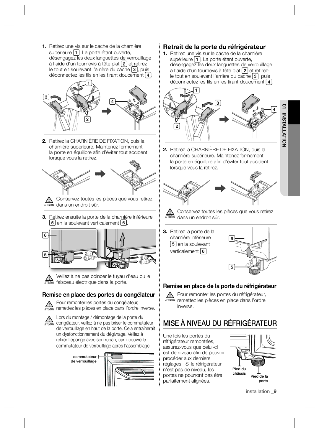 Samsung RS727CQRASL/SG, RS727CQRBSL/ZA manual Mise À Niveau DU Réfrigérateur, Retrait de la porte du réfrigérateur, Inverse 