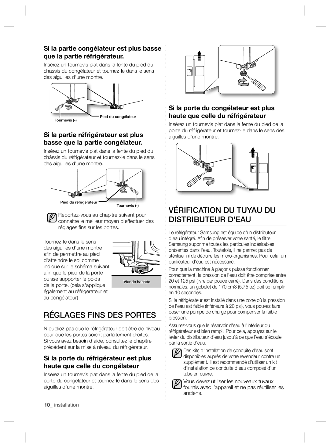 Samsung RS727CQRBSL/ZA Réglages Fins DES Portes, Vérification DU Tuyau DU Distributeur Deau, Pied du congélateur Tournevis 