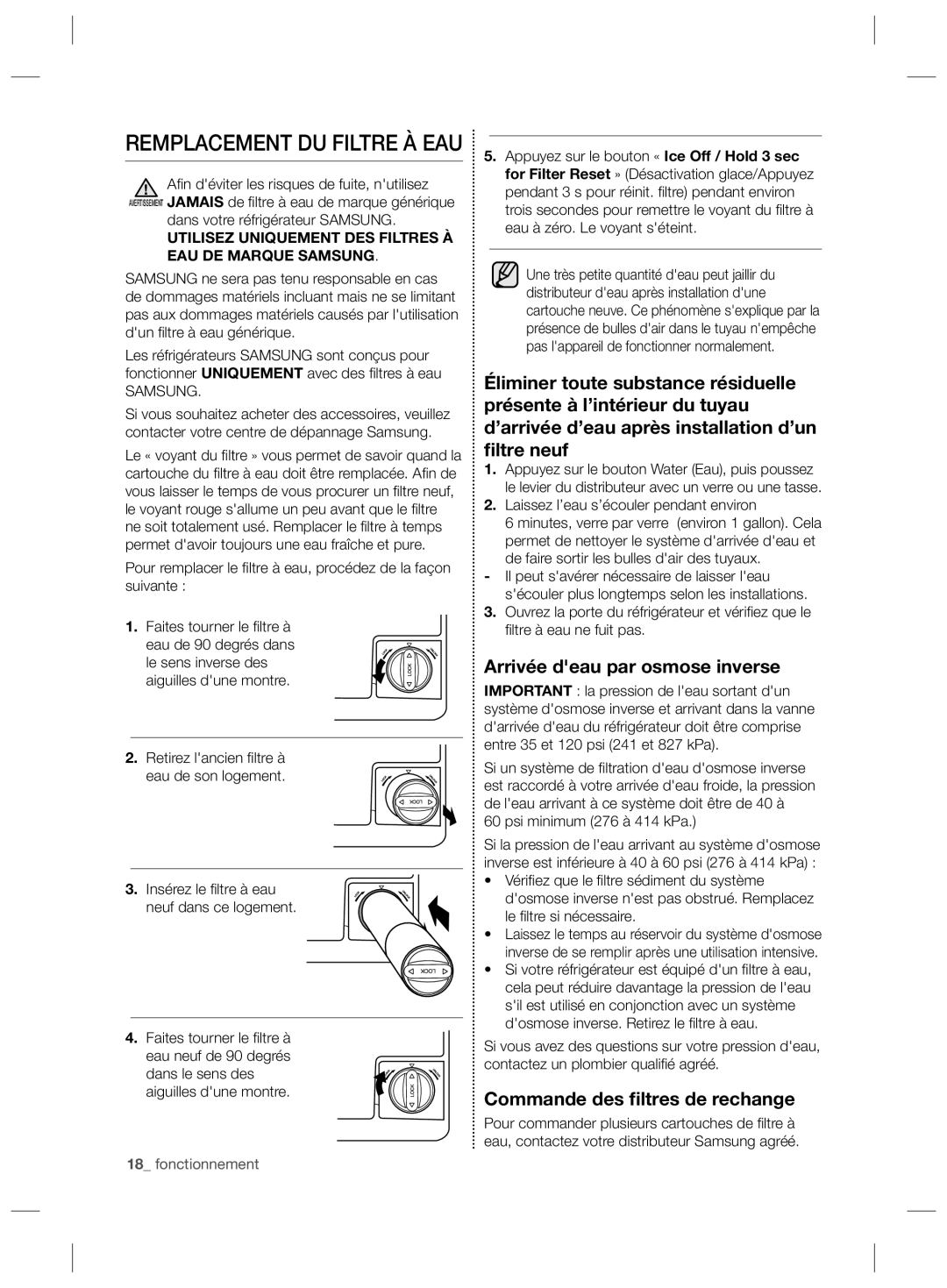 Samsung RS727CQRASL/SG Arrivée deau par osmose inverse, Commande des ﬁltres de rechange, Dans votre réfrigérateur Samsung 