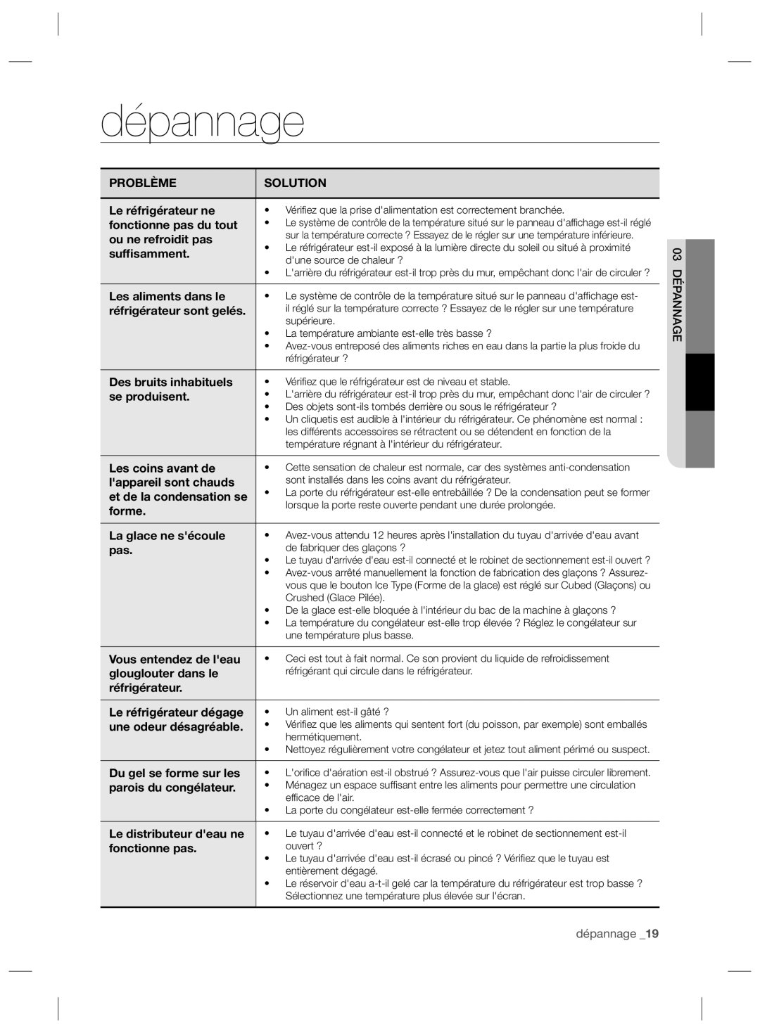 Samsung RS727CQRBSL/ZA, RS727CQRASL/ZA, RS727CQRASL/SG manual Dépannage 