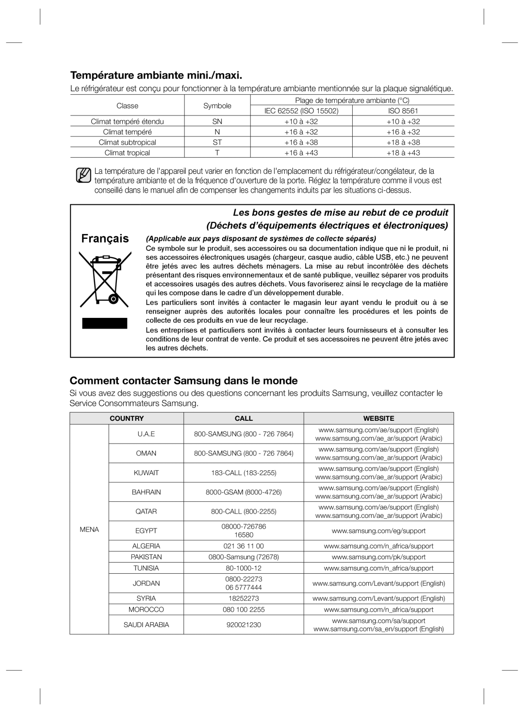 Samsung RS727CQRASL/ZA, RS727CQRBSL/ZA manual Température ambiante mini./maxi, Comment contacter Samsung dans le monde 