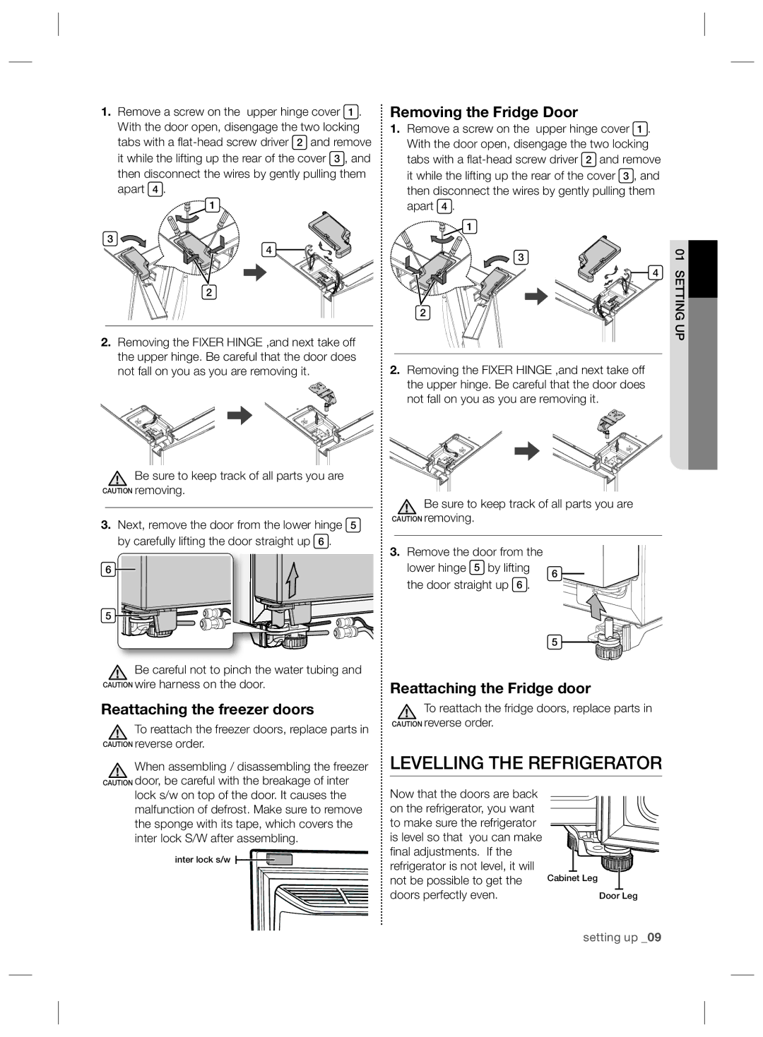 Samsung RS727CQRBSL/ZA, RS727CQRASL/ZA Levelling the Refrigerator, Removing the Fridge Door, Reattaching the Fridge door 