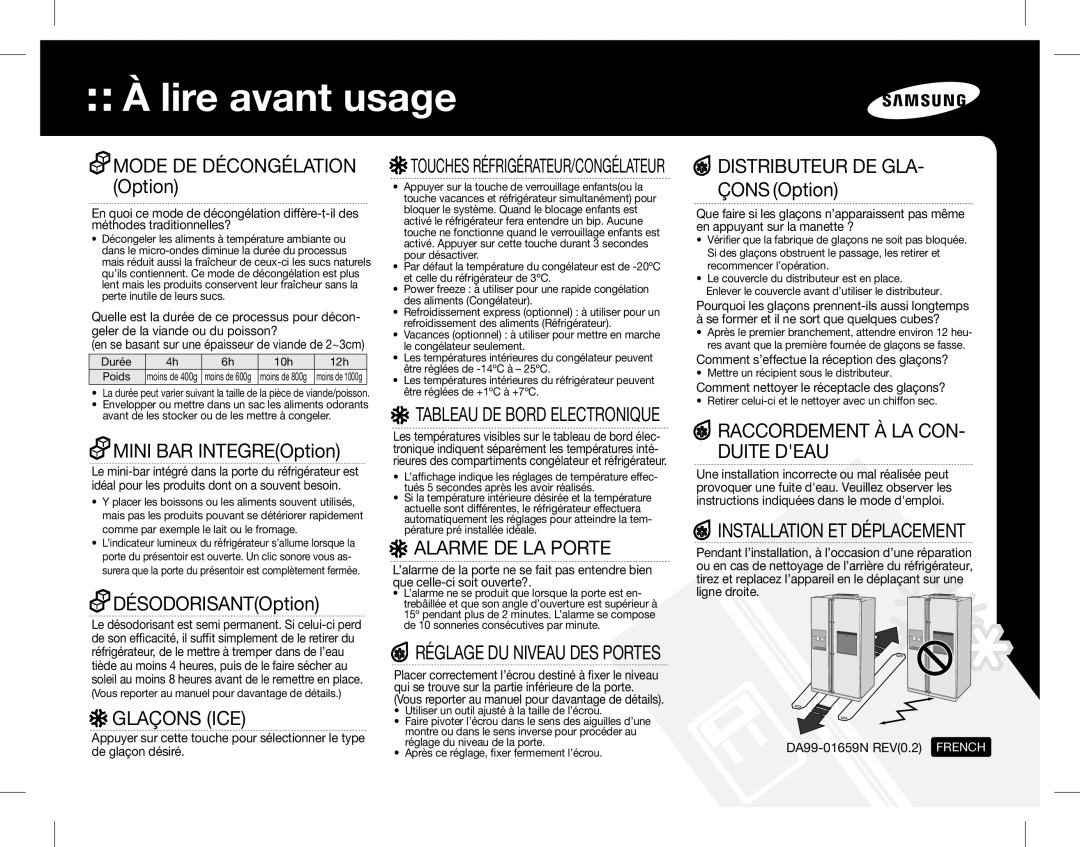 Samsung RS7778FHCWW/EF, RS7527THCSL/EF manual Glaçons ICE, Alarme DE LA Porte, Raccordement À LA CON- Duite Deau 