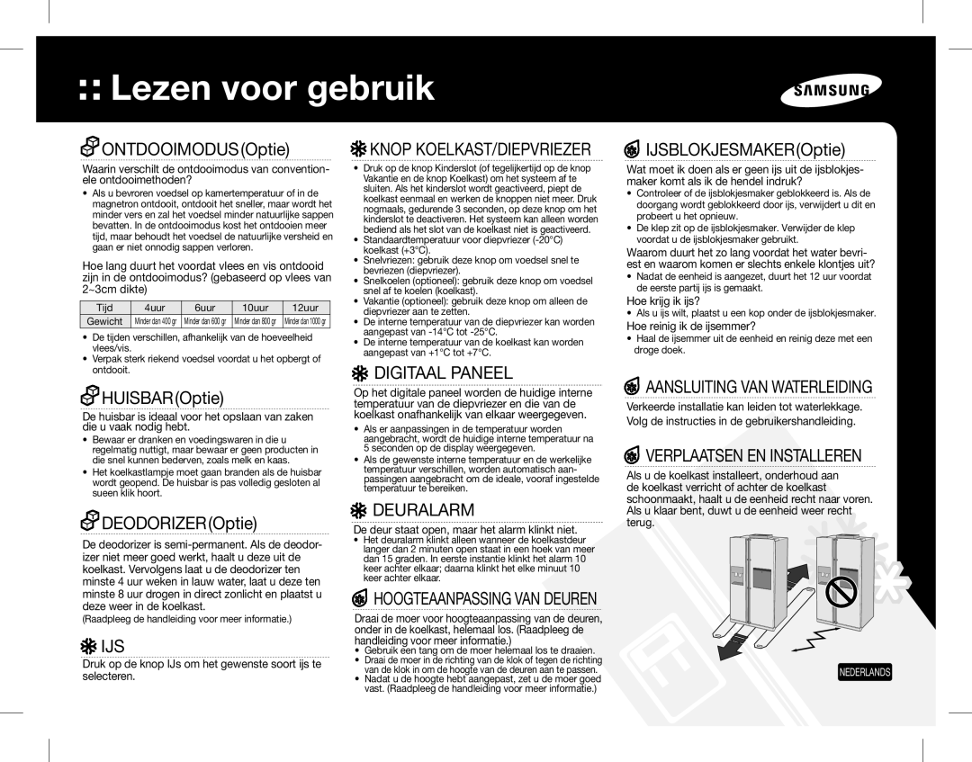 Samsung RS7687FHCSL/EF manual Digitaal Paneel, Aansluiting VAN Waterleiding, Verplaatsen EN Installeren, Ijs, Deuralarm 