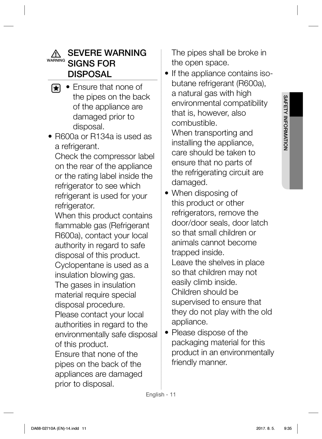 Samsung RS7557BHCSP/EF manual Severe Warning Warning Signs for Disposal 