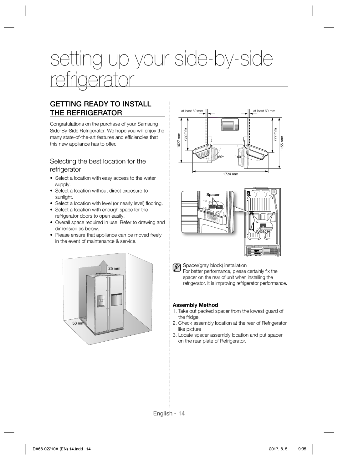 Samsung RS7557BHCSP/EF manual Getting Ready to Install the Refrigerator, Selecting the best location for the refrigerator 