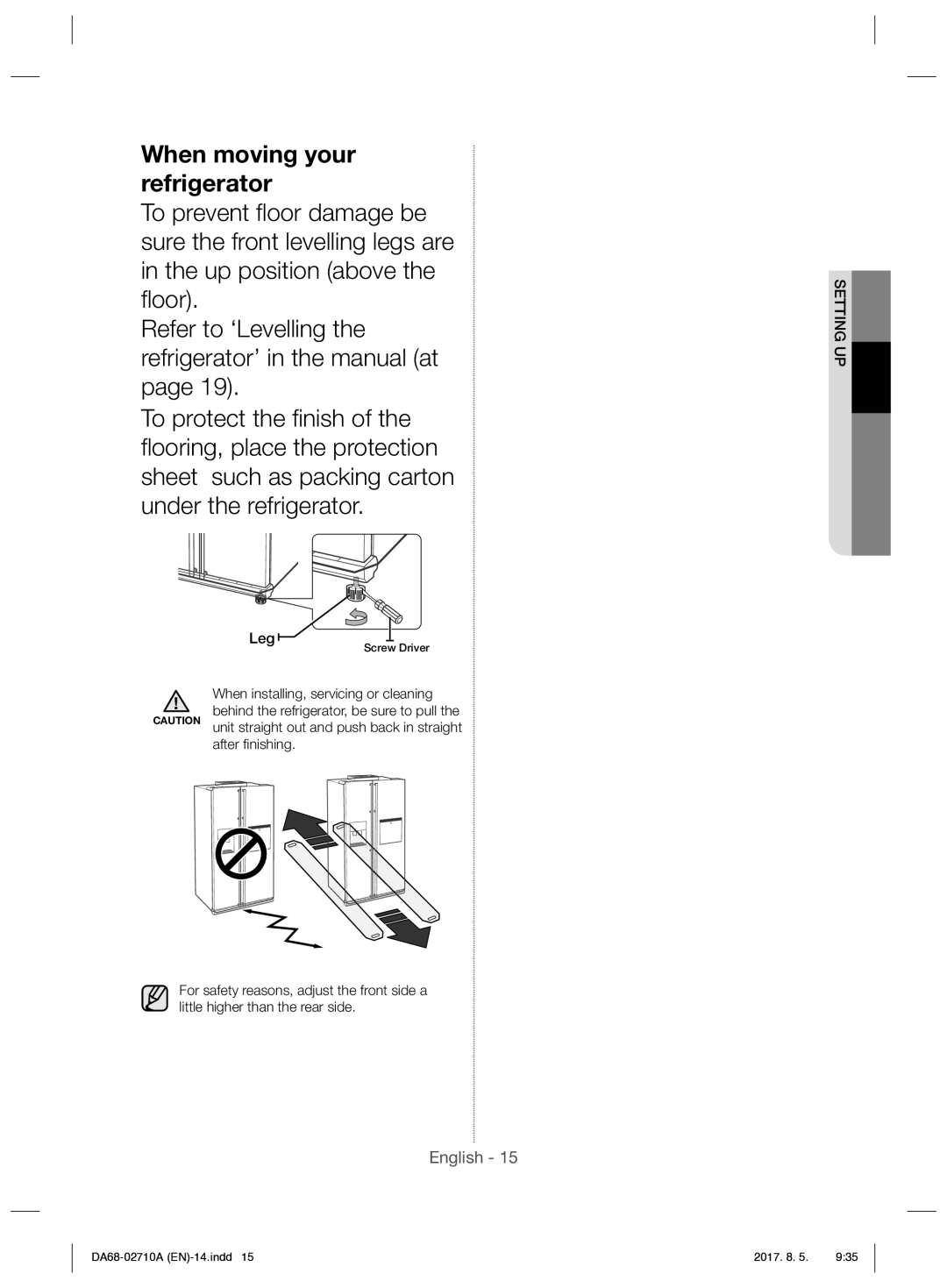 Samsung RS7557BHCSP/EF manual Leg, When installing, servicing or cleaning 