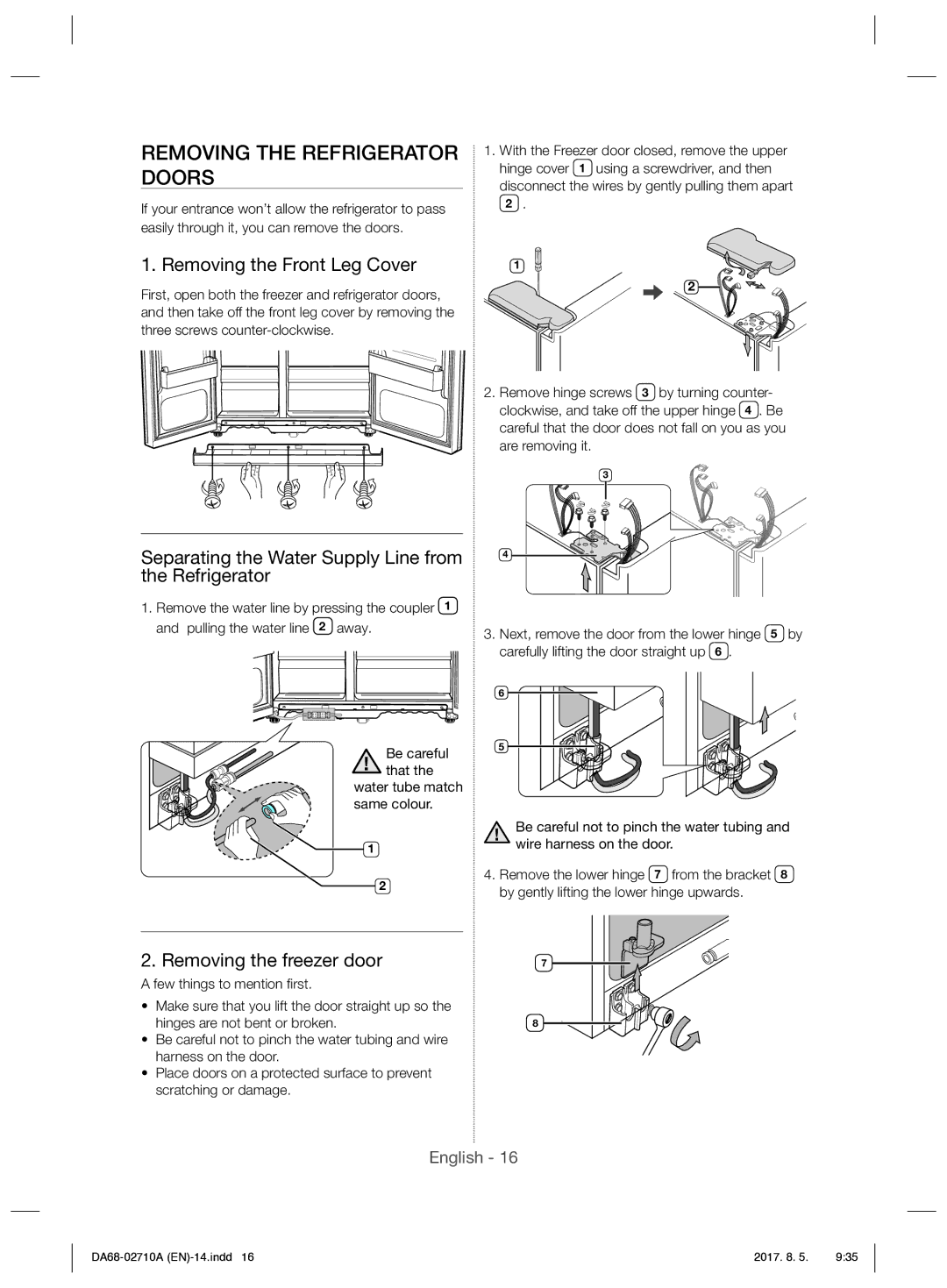 Samsung RS7557BHCSP/EF manual Removing the Refrigerator Doors, Removing the Front Leg Cover, Removing the freezer door 