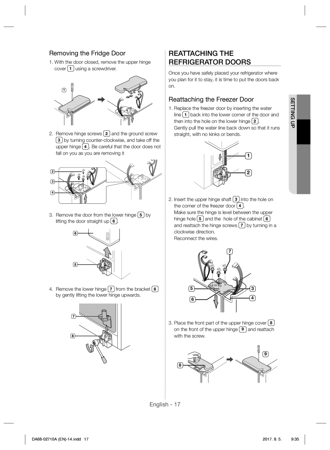 Samsung RS7557BHCSP/EF manual Reattaching Refrigerator Doors, Removing the Fridge Door, Reattaching the Freezer Door 