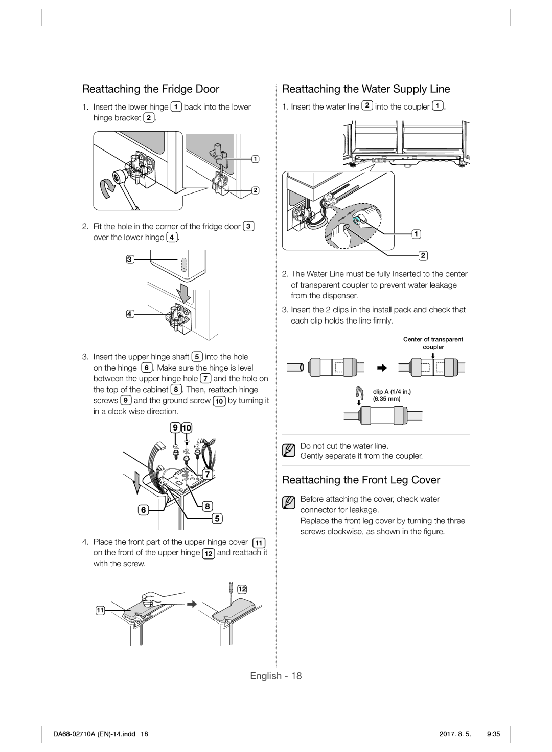 Samsung RS7557BHCSP/EF manual Reattaching the Fridge Door, Reattaching the Front Leg Cover 