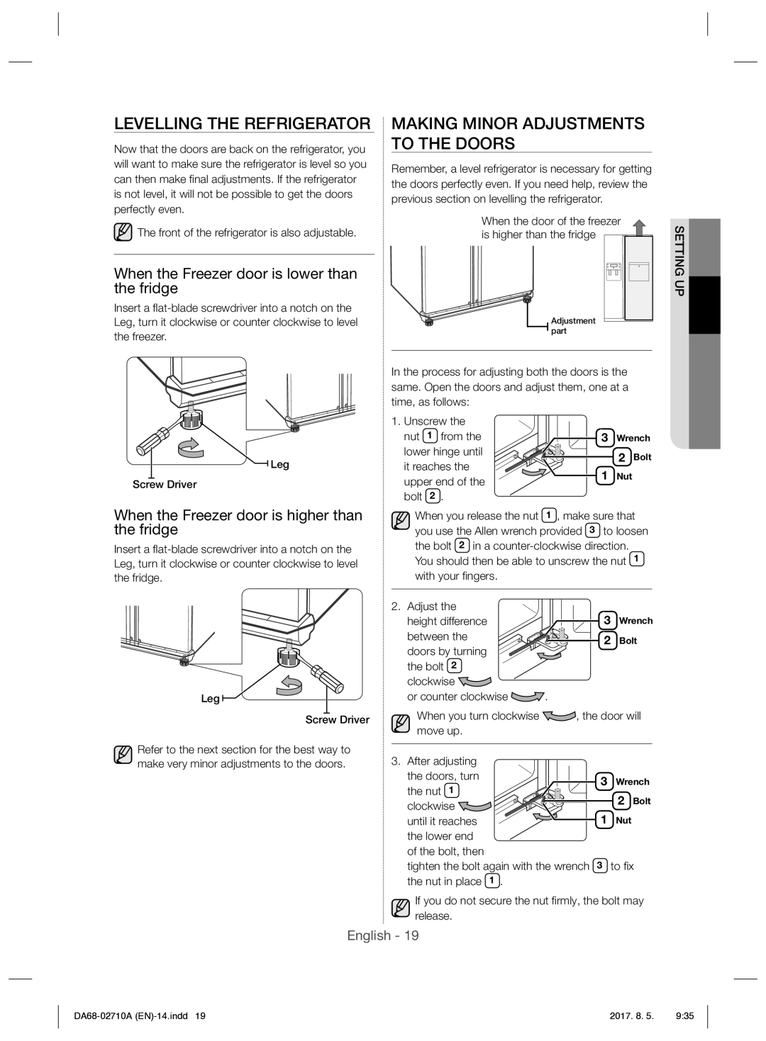 Samsung RS7557BHCSP/EF manual Levelling the Refrigerator, Making Minor Adjustments to the Doors 