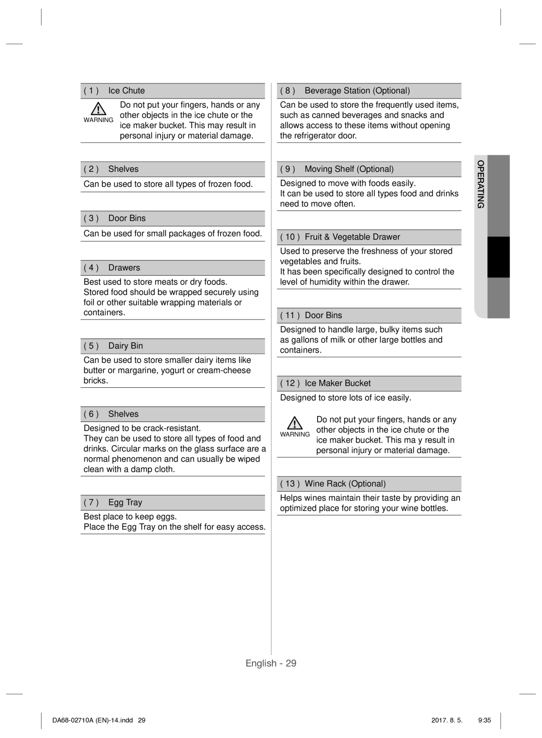 Samsung RS7557BHCSP/EF manual Do not put your fingers, hands or any, Personal injury or material damage 