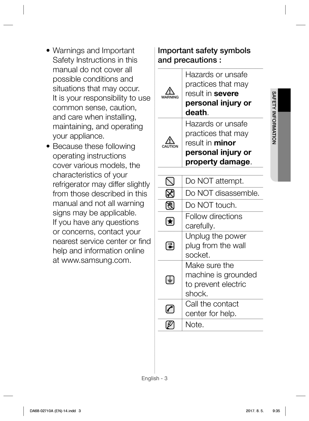 Samsung RS7557BHCSP/EF manual Personal injury or 