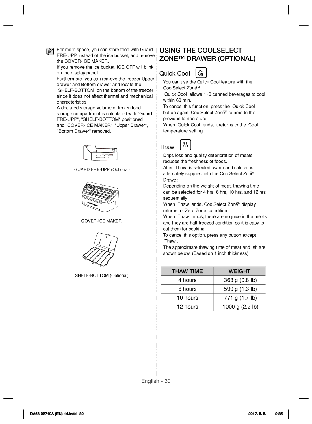 Samsung RS7557BHCSP/EF manual Using the Coolselect Zone Drawer Optional, Quick Cool, Thaw 