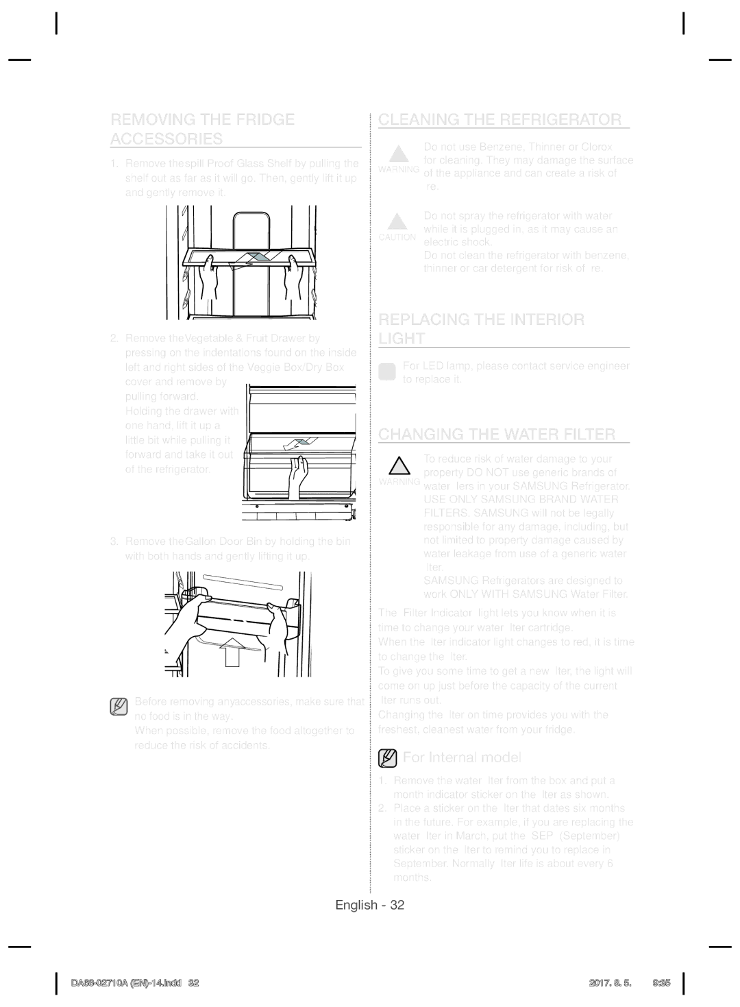 Samsung RS7557BHCSP/EF manual Removing the Fridge Accessories, Cleaning the Refrigerator, Replacing the Interior Light 