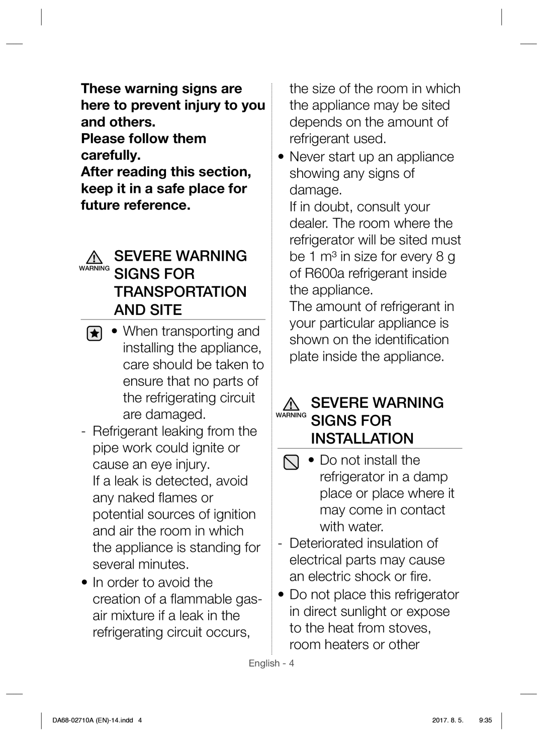 Samsung RS7557BHCSP/EF manual Severe Warning Warning Signs for Installation 