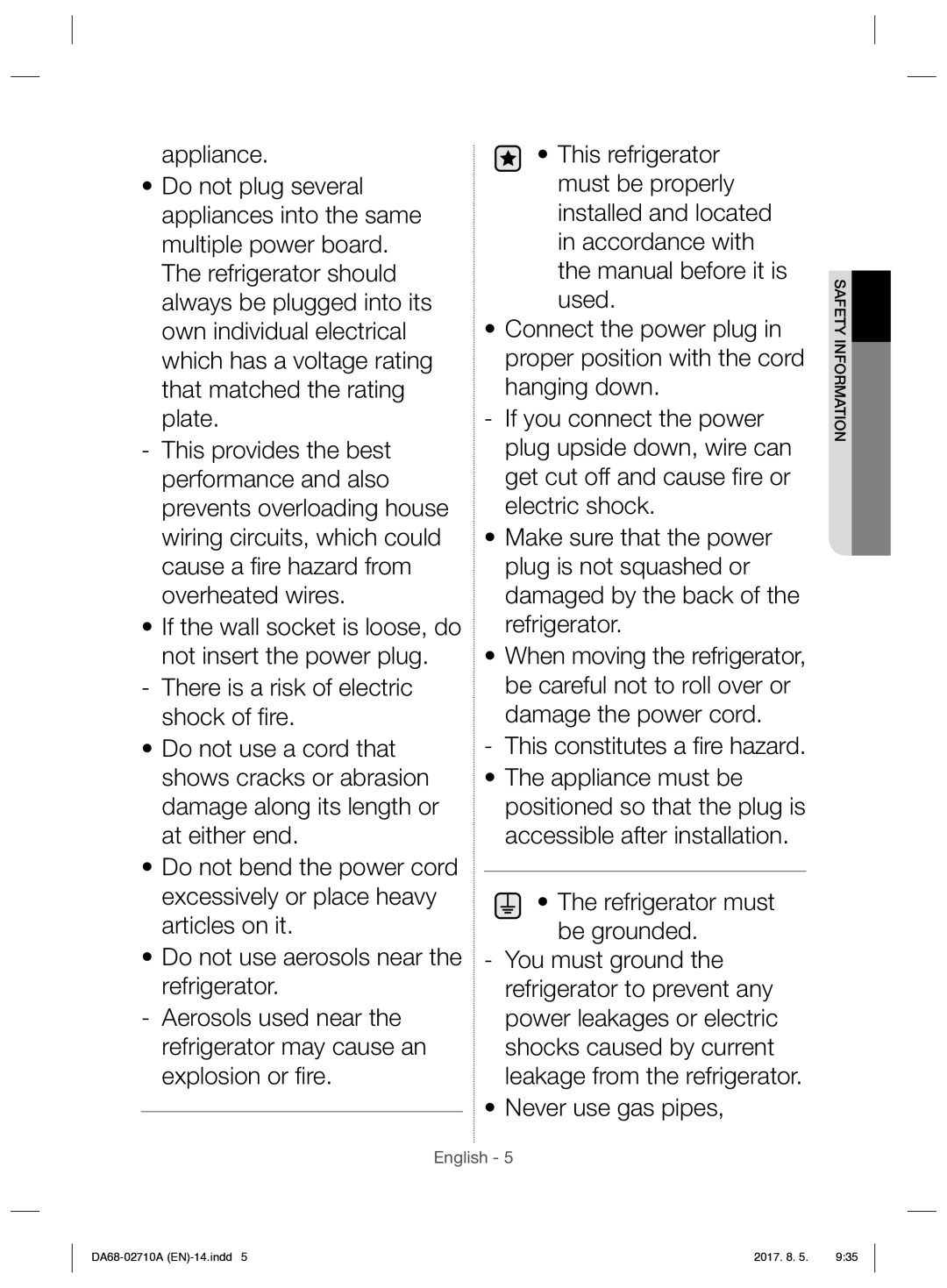 Samsung RS7557BHCSP/EF manual Never use gas pipes 