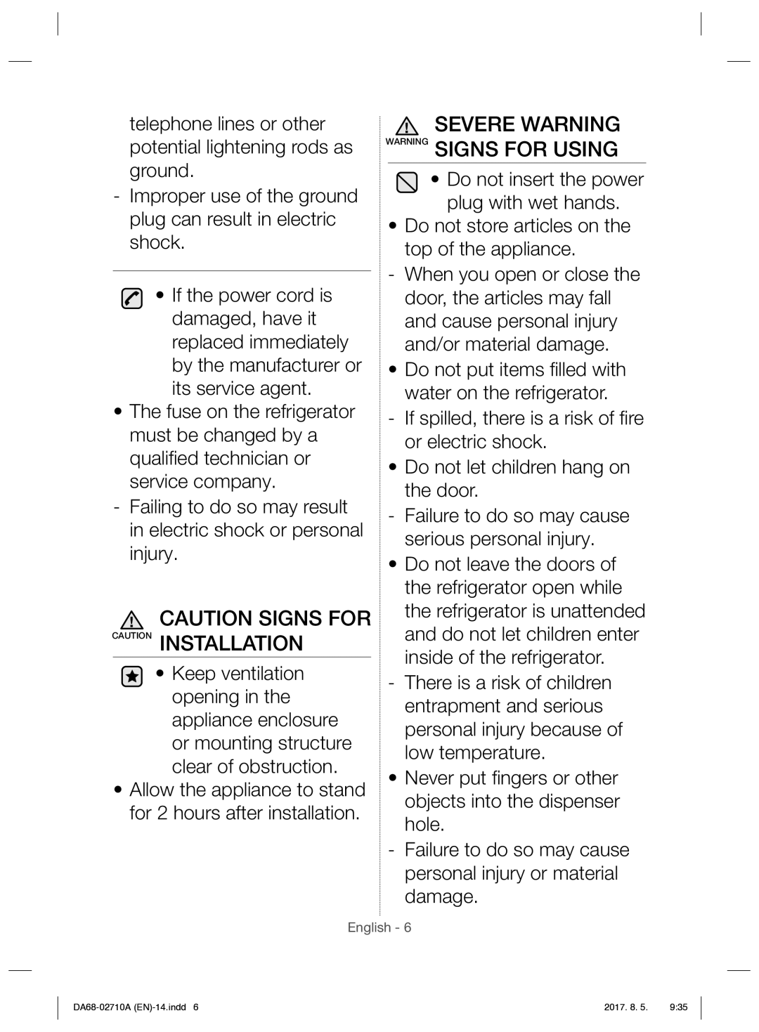 Samsung RS7557BHCSP/EF manual Severe Warning Warning Signs for Using 