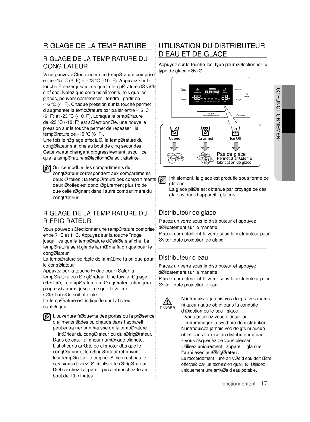 Samsung RS7567THCSL/EF Réglage DE LA Température, Utilisation DU Distributeur D’EAU ET DE Glace, Distributeur de glace 